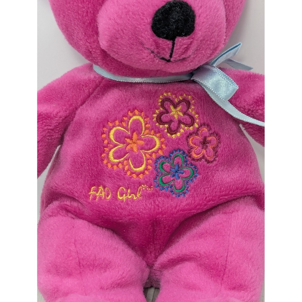 FAO Schwarz Plush Teddy Bear Pink Flowers Embroidered Blue Ribbon Bow - Picture 3 of 7